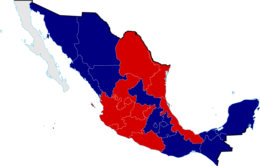 Mapa división política de México durante la Guerra de Reforma.
