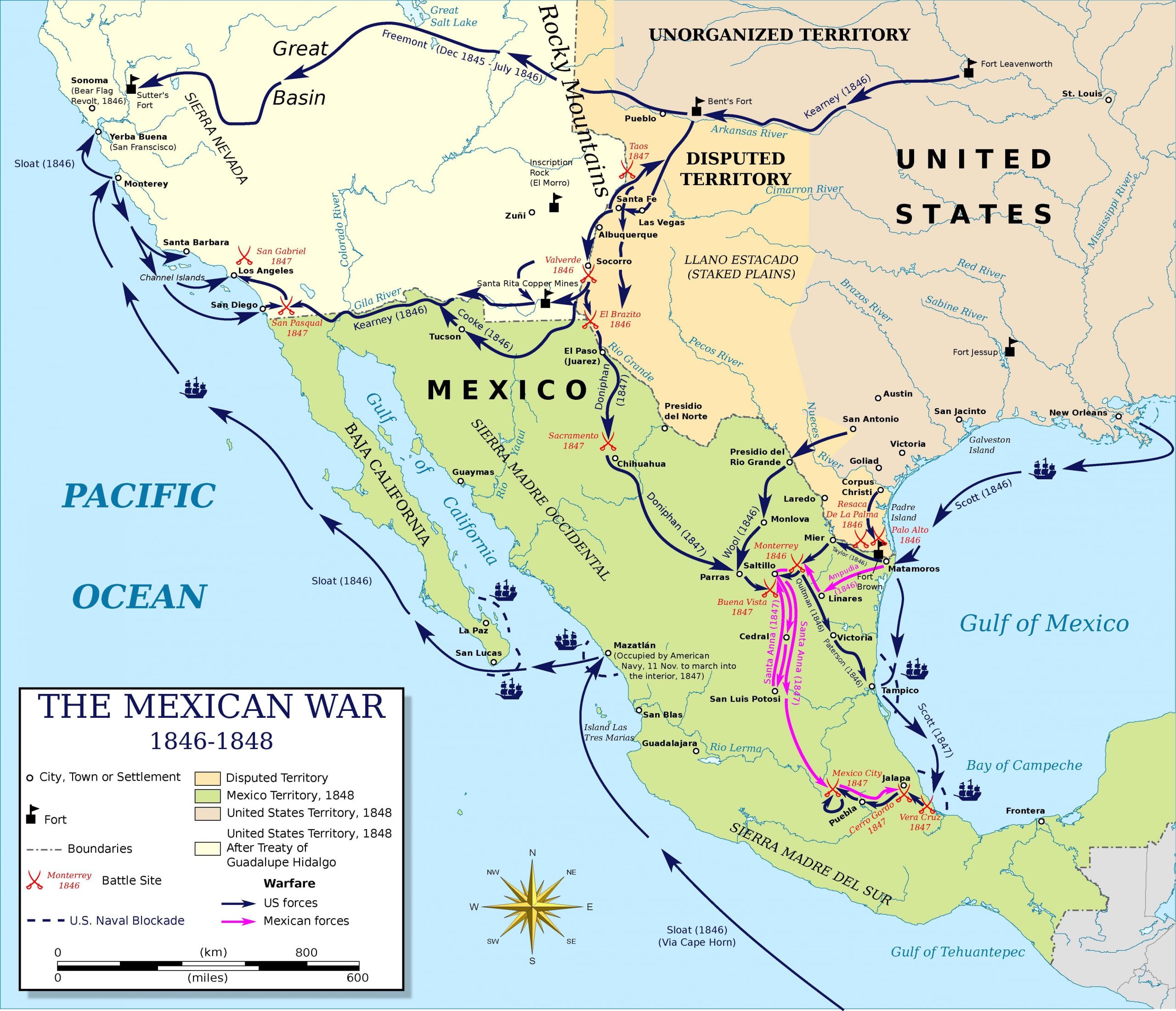 Mapa del desarrollo de la guerra mexicano-estadounidense.