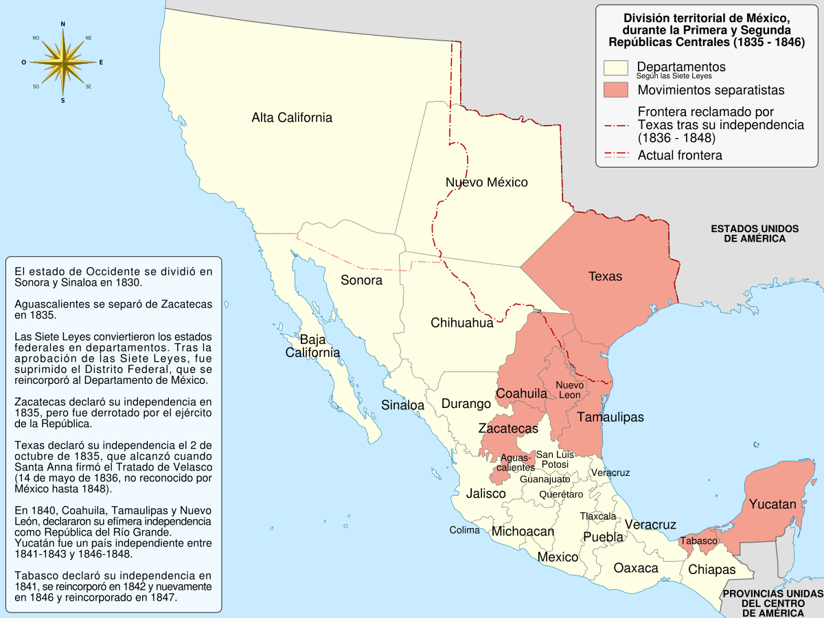 Mapa de los movimientos separatistas en México, entre 1835 y 1848.