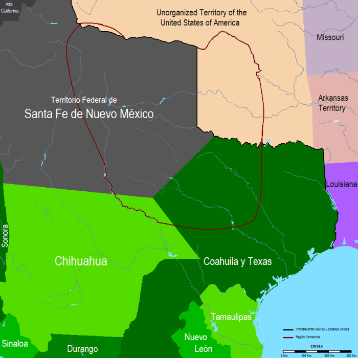 México en 1832 con las fronteras de la Comanchería