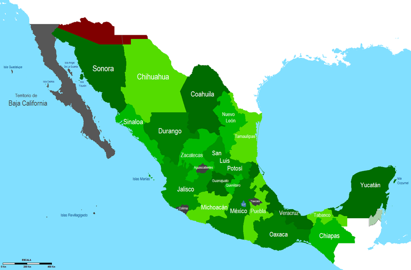 Mapa de México en 1853. En rojo el territorio de La Mesilla.