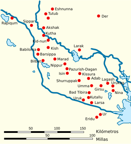 Situación de las ciudades de la antigua Mesopotamia.