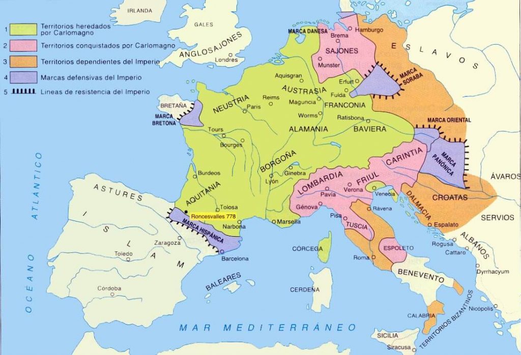 Mapa del Imperio Carolingio bajo Carlomagno.