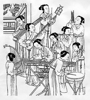 Dibujo sobre el desarrollo de la música en el antiguo Imperio Chino.