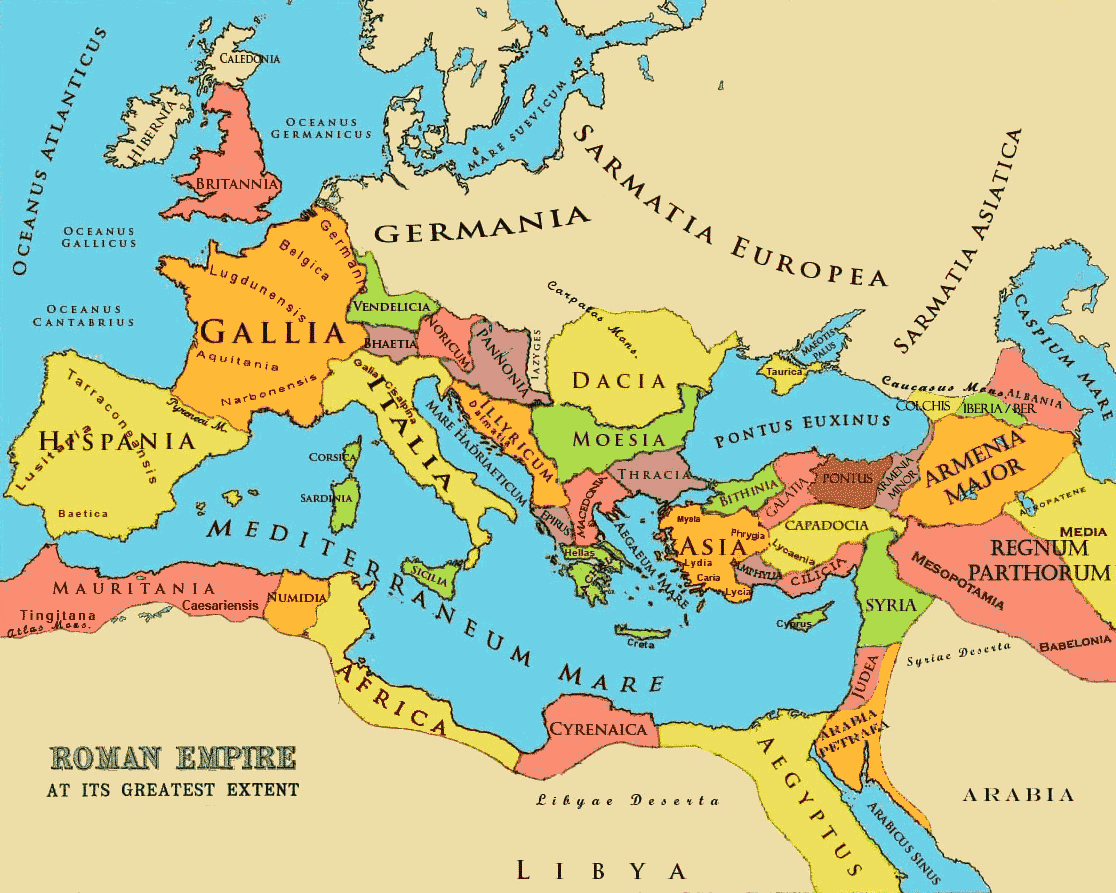 Mapa de la Máxima extensión del Imperio Romano.