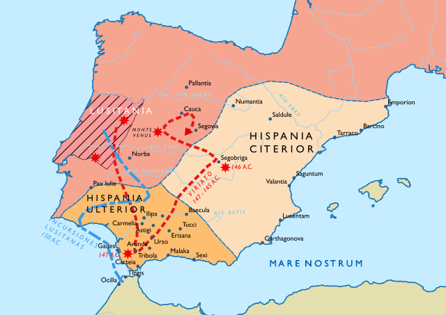 Mapa de las campañas de Viriato contra los romanos.