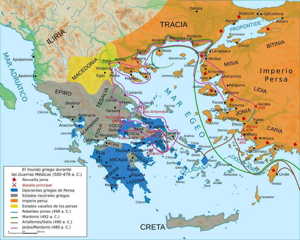 Mapa del mundo griego durante las Guerras Médicas.