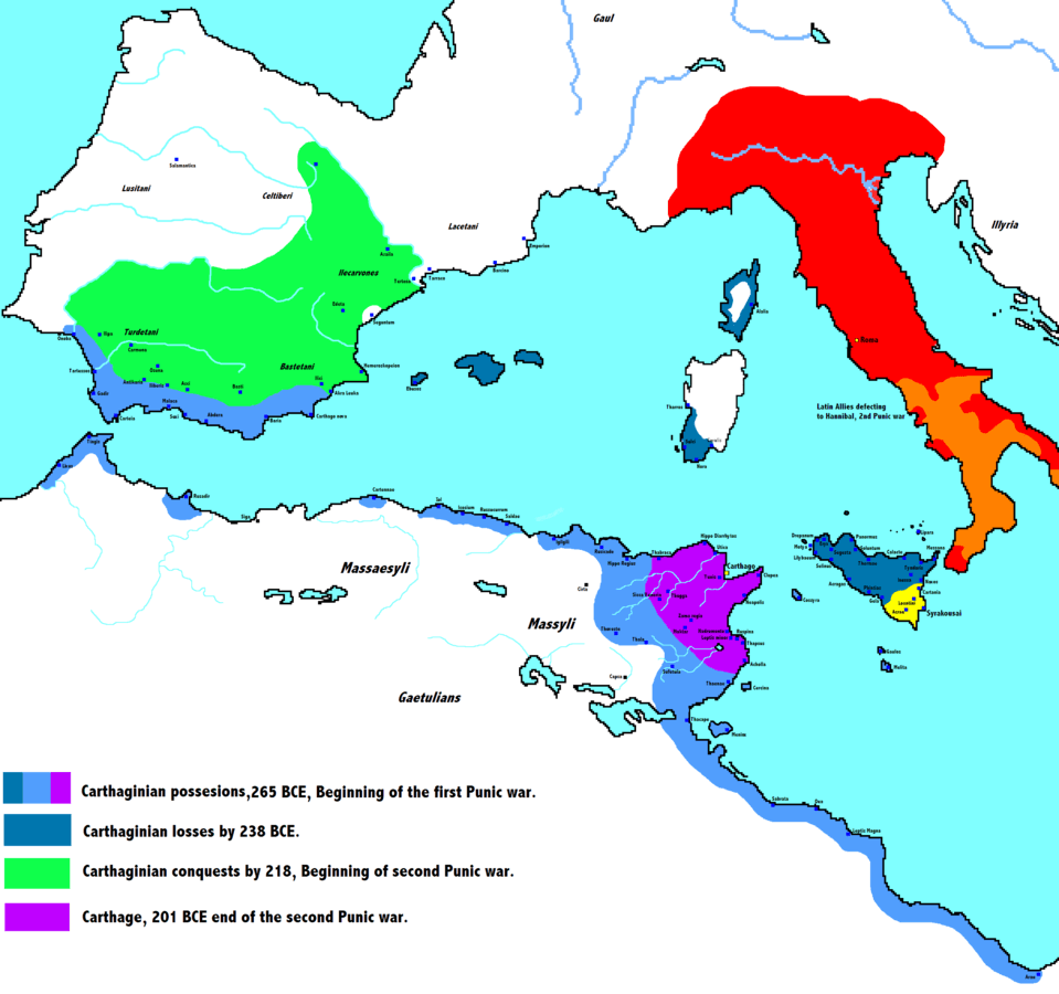 Evolución de las posesiones cartaginesas durante las guerras púnicas.
