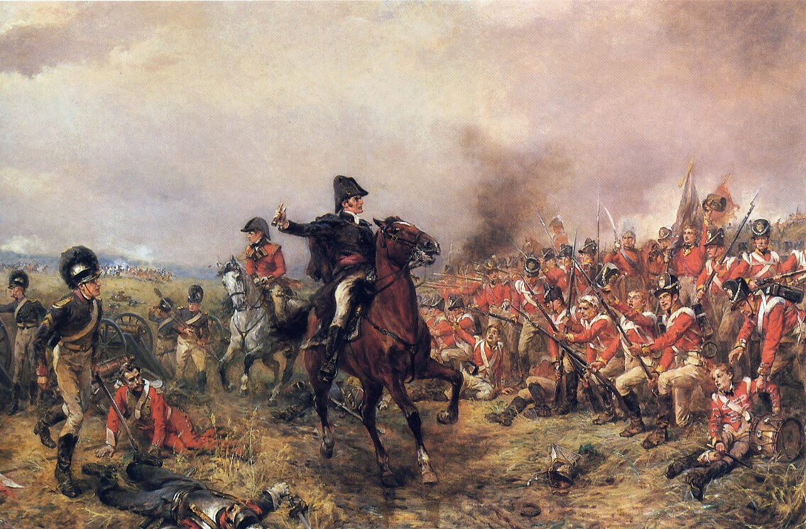 Arthur Wellesley comandando a los británicos en Waterloo.