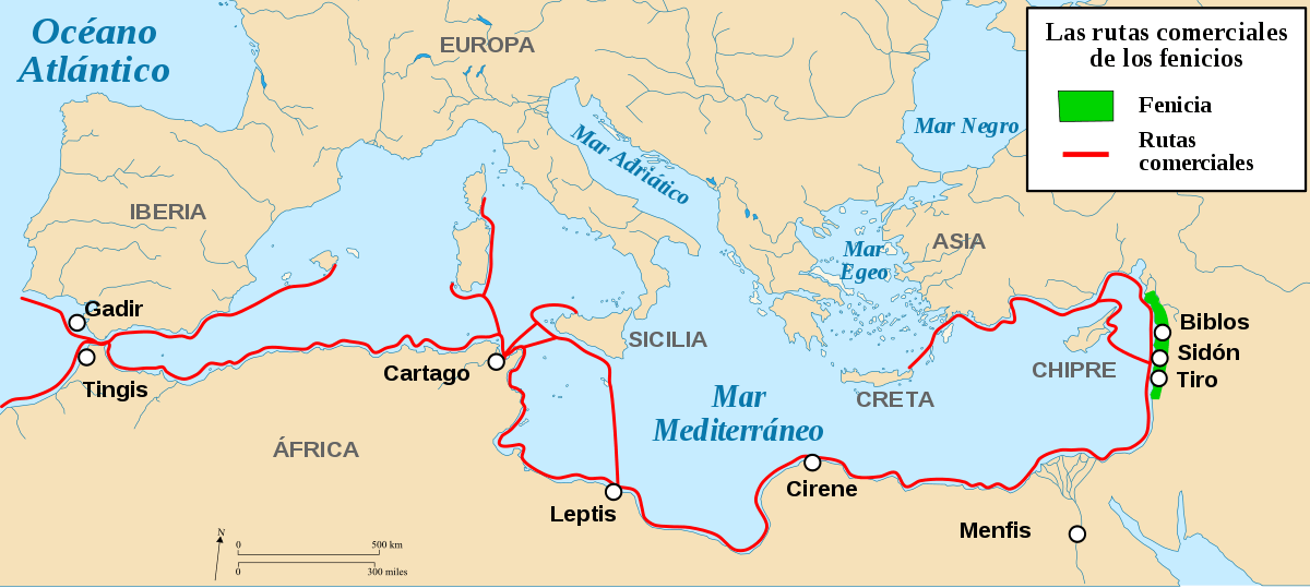 Mapa de las principales rutas comerciales usadas por los fenicios.
