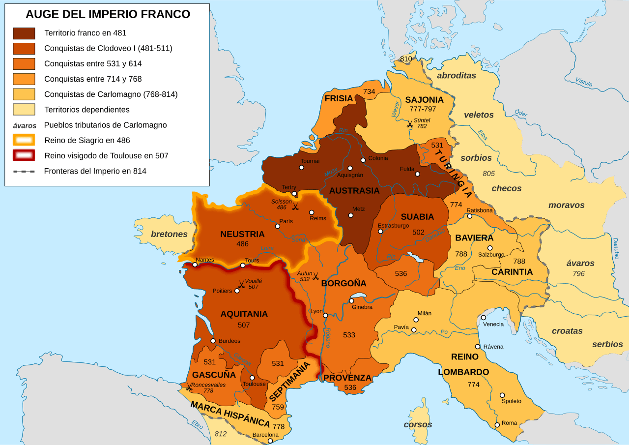 Situación territorial del imperio franco entre 481 y 814.