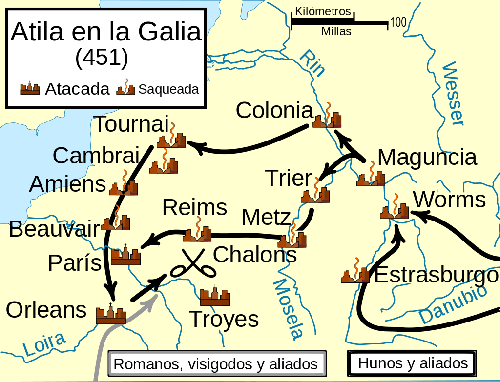 El camino de las fuerzas hunas en la invasión de la Galia.
