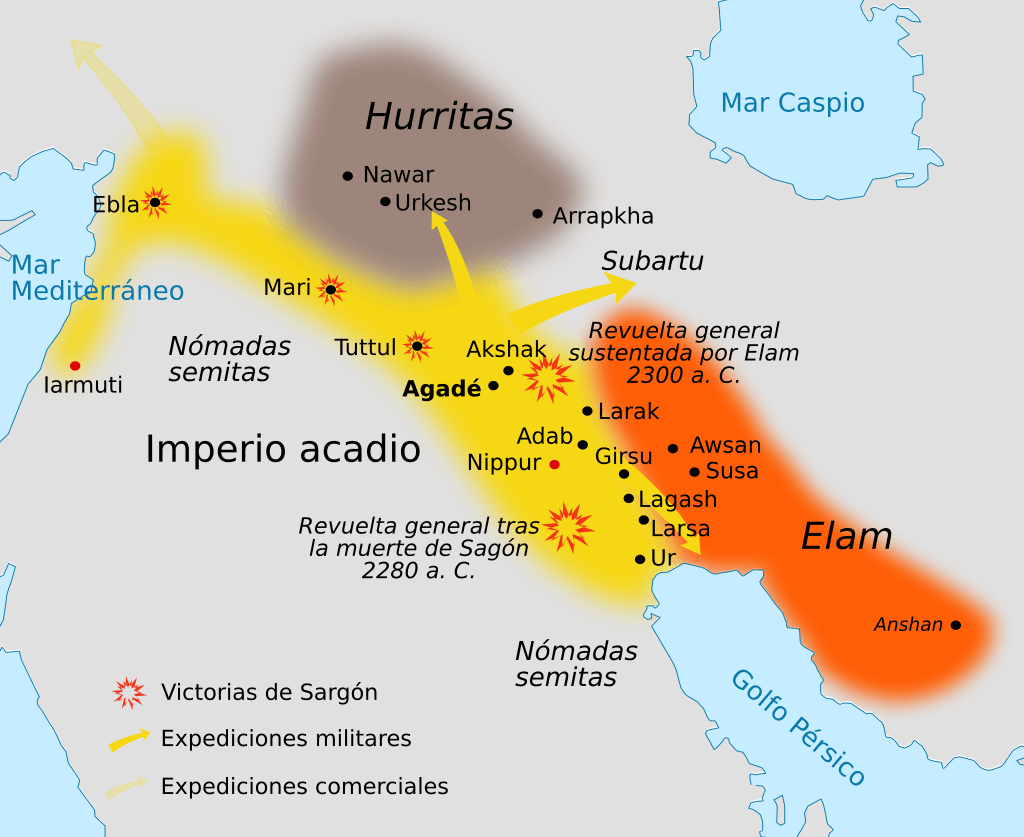 Mapa de la extensión del Imperio acadio con las conquistas de Sargón y las principales revueltas posteriores.