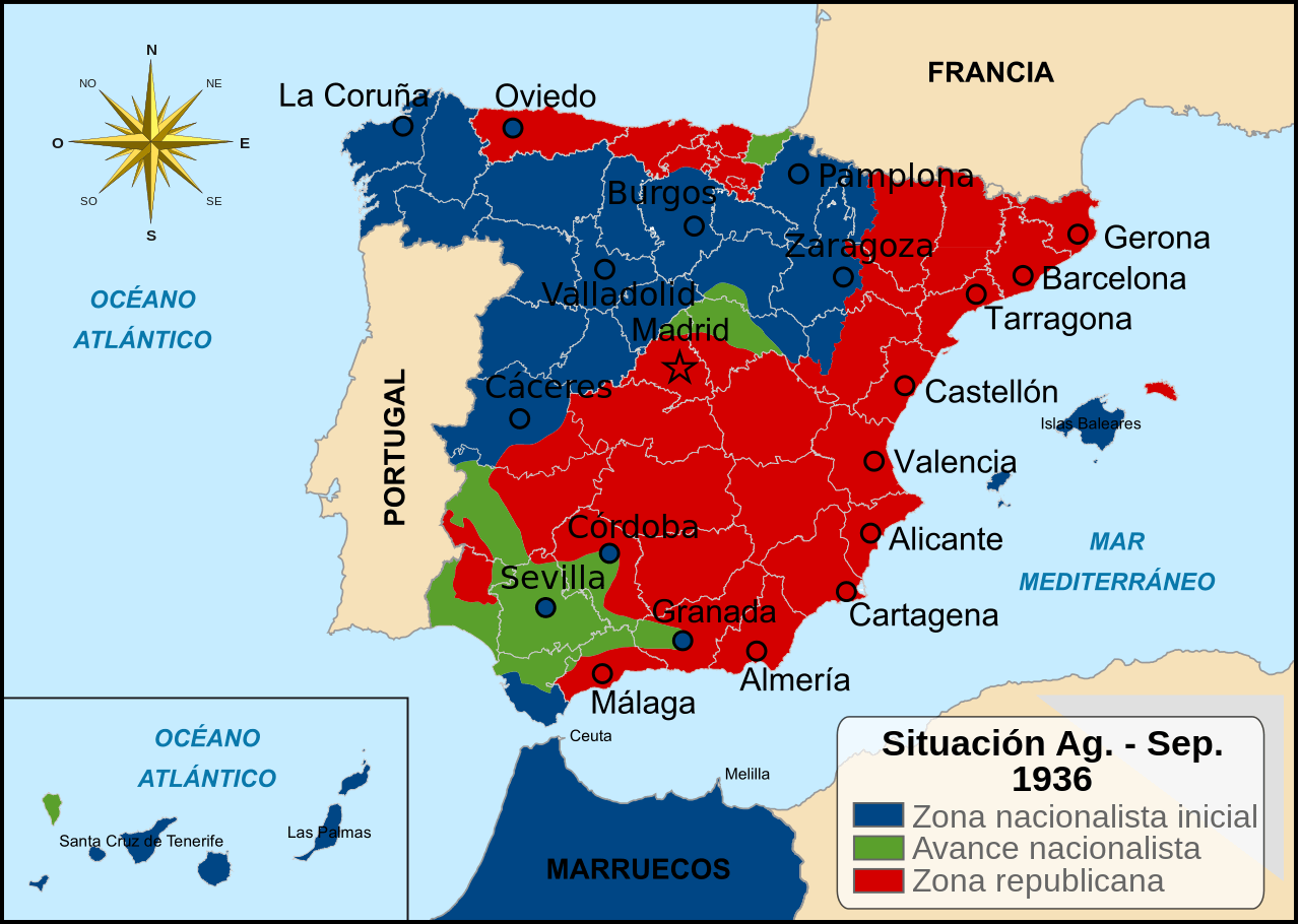 Zonas sublevada y republicana en agosto y septiembre de 1936.