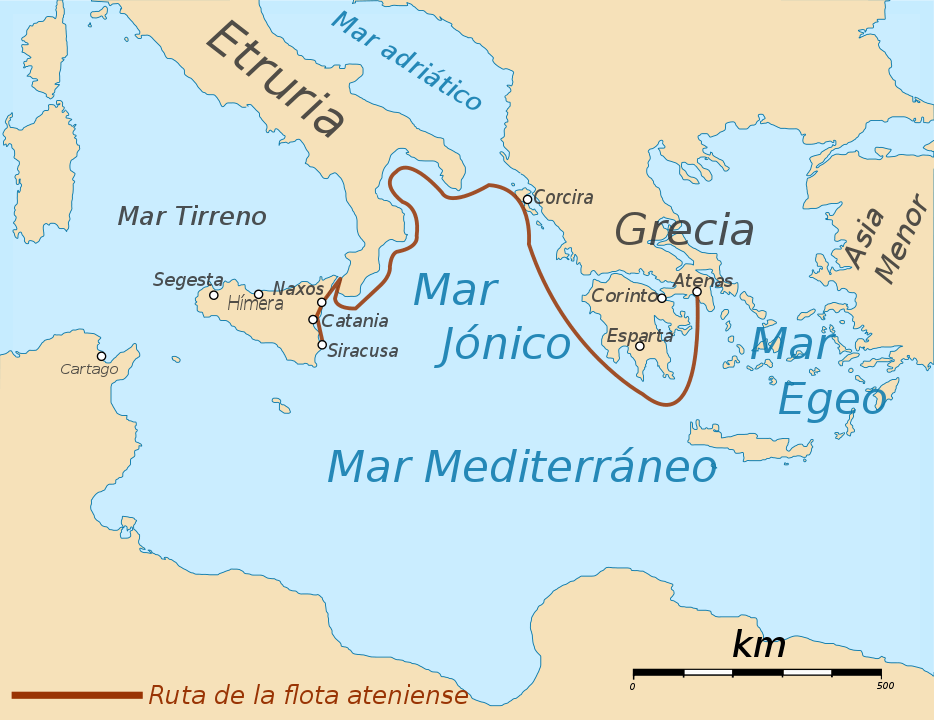 Ruta de la flota ateniense en su expedición hacia Sicilia