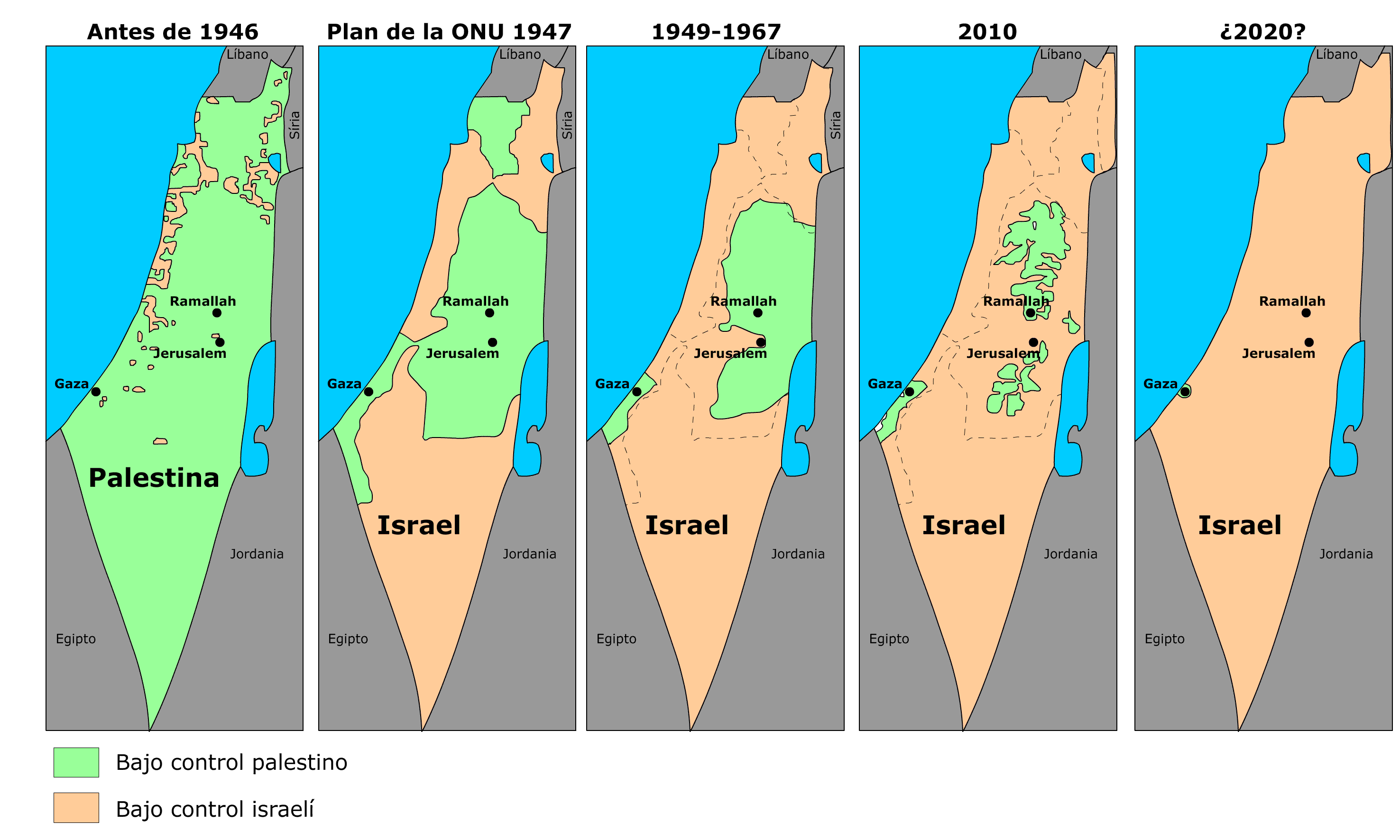 Mapa comparativo de la división entre israelitas y palestinos.