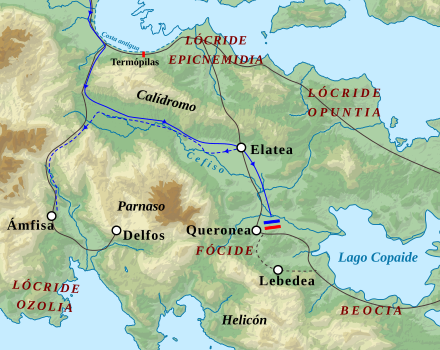 Mapa del avance macedonio y la Batalla de Queronea