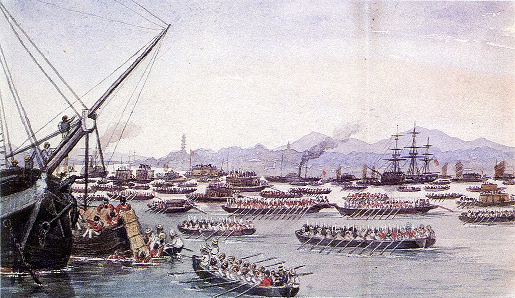 La flotilla británica aproximándose a la ciudad de Cantón en mayo de 1841.